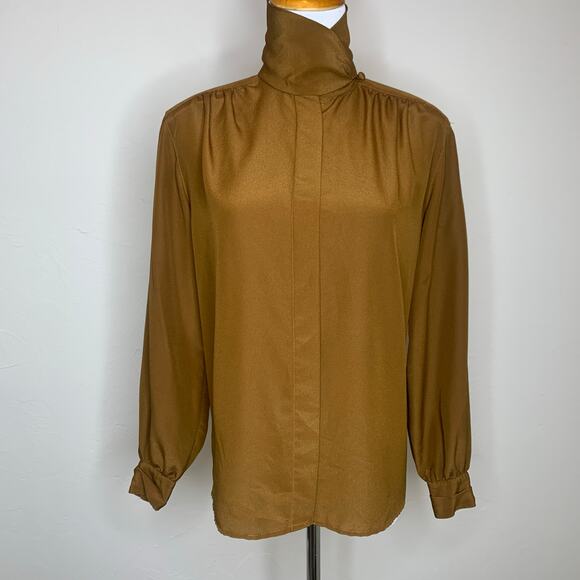 Jones New York Petite Sz 6 Camel Brown Blouse 90s High Neck - Picture 1 of 8